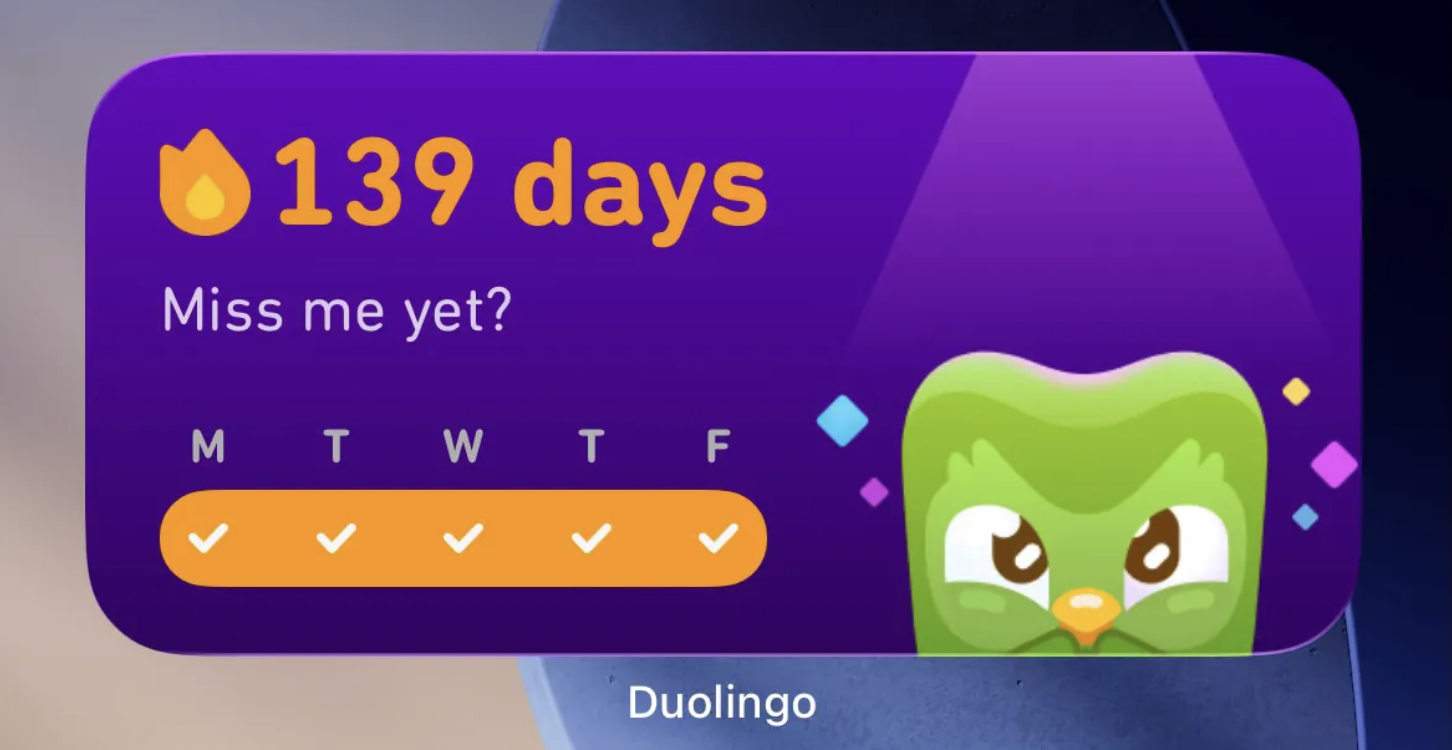 Duolingo streak screen showing 139 days — 'Miss me yet?' — with Duo the owl and a full week of completed lessons